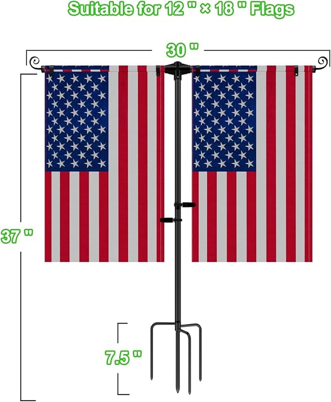 Garden Flag Stand Holder with 4 Prong Base for Double Flags, 3/4 Inch Extra Thick Heavy Duty Yard Flag Holder for Outside 12x18 Home Patio Decor