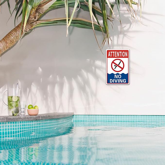 No Diving Pool Sign - 8 x 12 inch Aluminum Metal Pool Signs for Outside, Patio, Back Yard, Swimming Pool, Beach, Inside, UV Protected and Waterproof