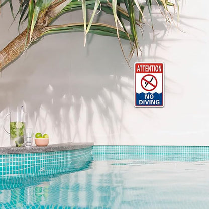 No Diving Pool Sign - 8 x 12 inch Aluminum Metal Pool Signs for Outside, Patio, Back Yard, Swimming Pool, Beach, Inside, UV Protected and Waterproof