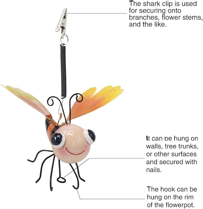 Decorative Garden Bee Sculptures, Yellow and Orange Metal Hanging Outdoor Statues (2)
