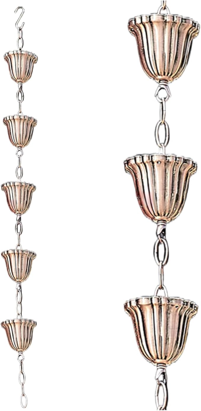 Copper Rain Chain 39in Japanese Movable Hanging Rain Chains with 5 Cups Building Protection Rustproof Decorative Outdoor Garden Catcher, Décor de pelouse