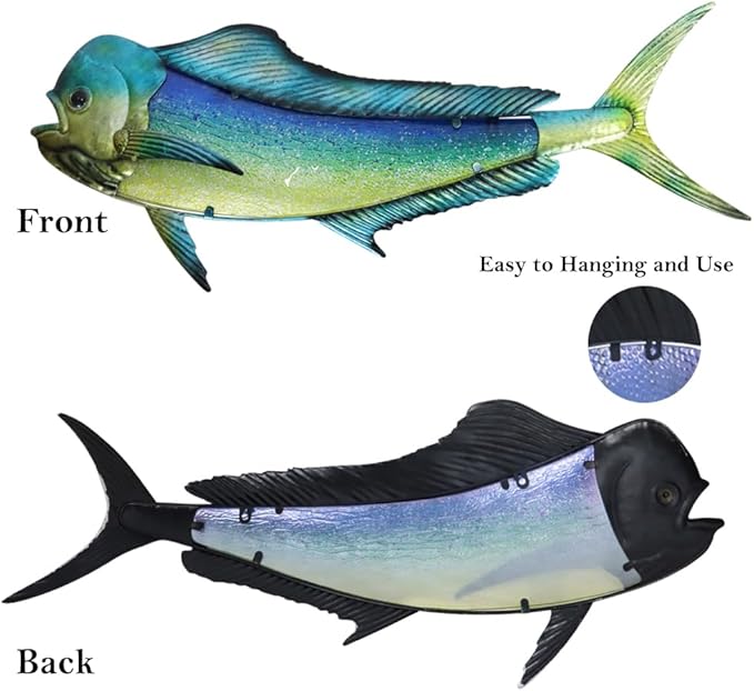 LIFFY Metal Mahi Wall Art Indoor Outdoor Metal Fish Wall Decor Fish Wall Hanging Decorative Ornaments Glass Nautical Theme Home Wall Decorations for Office,Pool,Bathroom - 36 Inches Long
