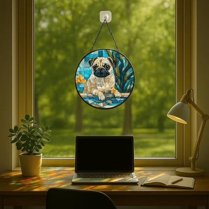 Stained Glass Window Hanging - Pug by The Pool with Yellow Flowers 9.8in Sun Catchers Indoor Stained Glass Panels Wall Decor for Mom, Wife, Lovers, Festive