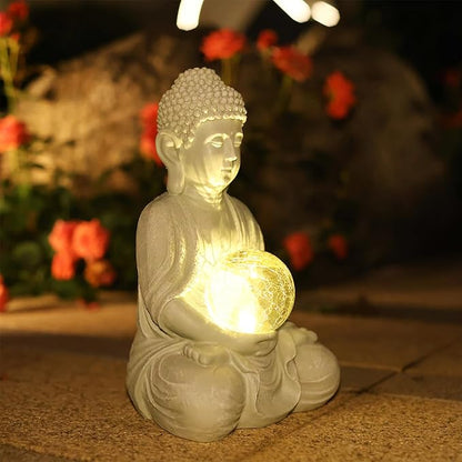 Buddha Garden Statue with Solar Light, Solar Meditating Garden Buddha with Cracked Glass Ball Sculpture-Indoor/Outdoor Decor for Balcony,Patio,Porch Yard Art Ornament,Gift