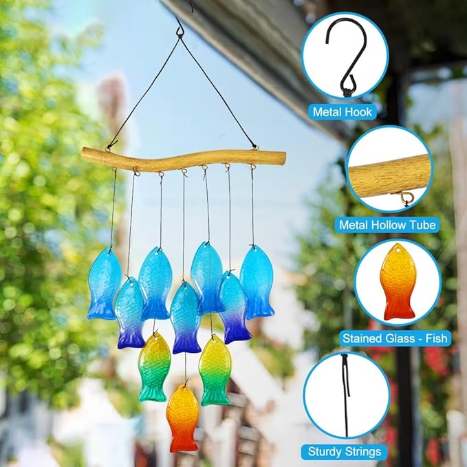 Vindar Sea Glass Wind Chimes for Outside, 28" Unique Schools of Fish Handmade Glass Wind Chimes, Hanging Windchimes for Garden Backyard Home Outdoor Decoration, Gift for Grandmother, Mother, Friends