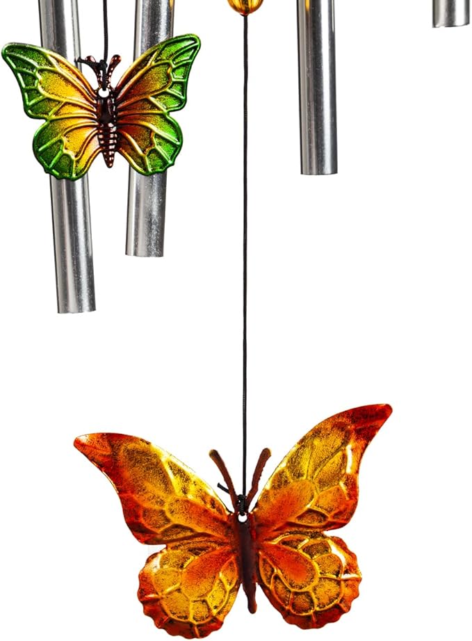 Evergreen Glass and Metal Flower with Butterflies Windchime