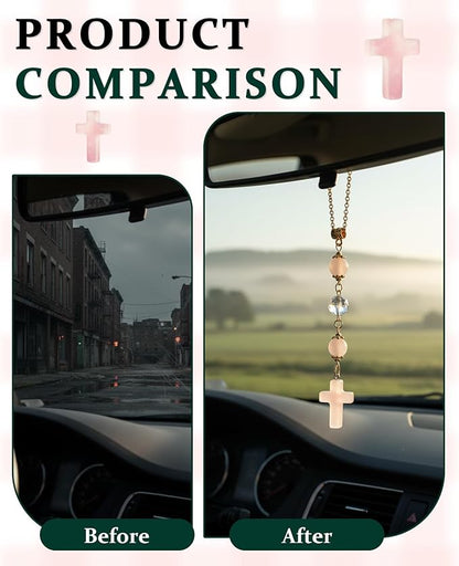 2PCS Crystal Cross for Car Mirror Hanging, Cute Healing Stones Car Rear View Charm Accessories Ornament for Sun Catcher