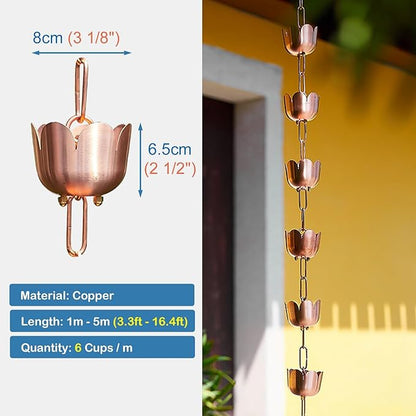 Elegant Copper Rain Chain Large Cup, Replacement Downspout for Gutters, Outside Rainwater Catcher Diverter for Villa/Deck/Pergola (Style a 1.5m (5ft))