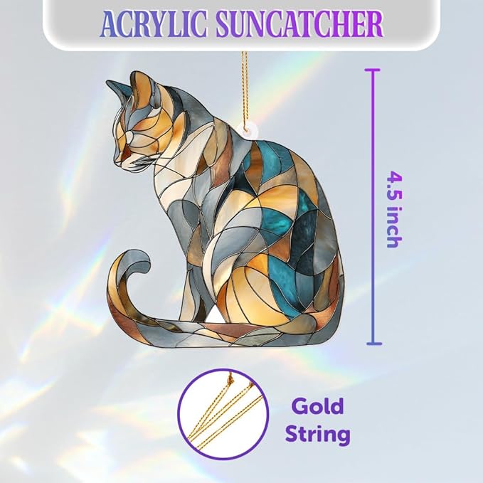 Stained Glass Cat Ornament – 2025 Christmas Tree Decoration, Handmade Animal Suncatcher for Window, for Cat Lovers & Unique Home Décor (Sun-03)