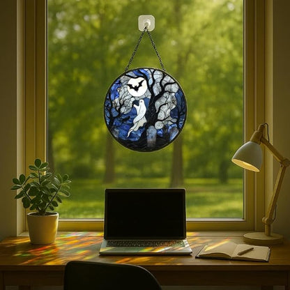 Stained Glass Window Hanging - 6.3in Spirits, Cat and Full Moon Graveyard Scene Sun Catchers Panel for Indoor Decorative Display for Mom, Wife, Lovers, Festive