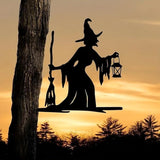 Witch Lantern on Branch Steel Silhouette Outdoor Decor Metal Wall Art Home Garden Yard Patio Outdoor Statue Stake Decor, Black