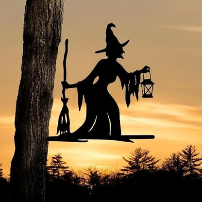 Witch Lantern on Branch Steel Silhouette Outdoor Decor Metal Wall Art Home Garden Yard Patio Outdoor Statue Stake Decor, Black