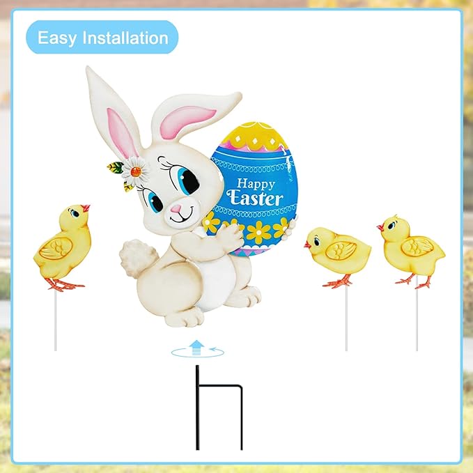 Easter Decorations Outdoor,4 Pack Metal Egg Bunny Yard Signs for Outside,Cute Easter Chick Decorations Garden Stakes for Lawn,Yard,Rabbit Gifts for Women