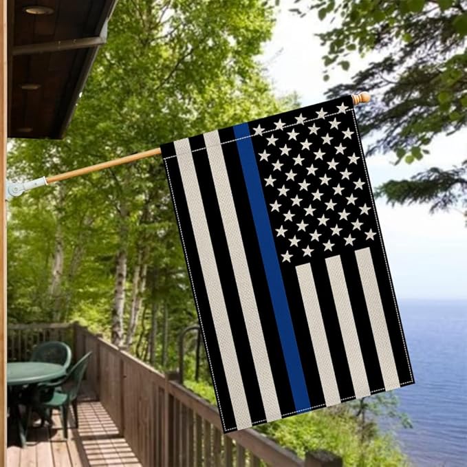 AVOIN colorlife Thin Blue Line House Flag 28x40 Inch Double Sided, American Stars and Stripes Police Officers Solidarity Yard Outdoor Decoration