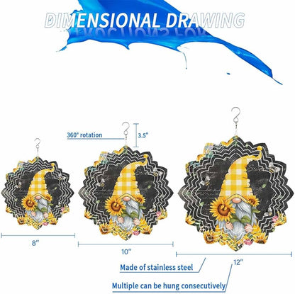 Gnomes Black Wind Spinners Outdoor Inoor, Decorative Hanging Floral Ornaments for Yard Patio Garden, Yellow Sunflower Floral Bee Summer Spring Stainless Steel Metal Wind Sculpture Suspension Trim, 8"