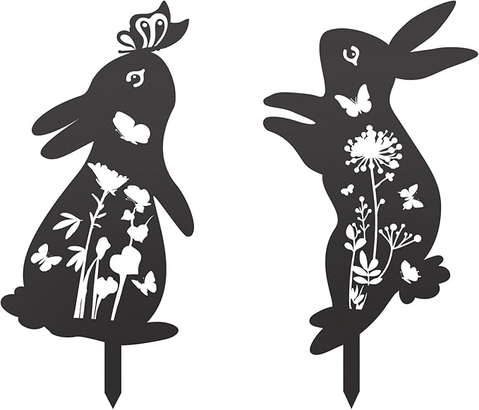 2pcs Easter Bunny Garden Stakes, Metal Rabbit Garden Decor Bunny Statue for Yard Animal Sculpture Decor Welcome Sign for Indoor Outdoor Patio Lawn