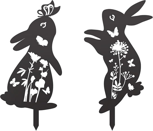 2pcs Easter Bunny Garden Stakes, Metal Rabbit Garden Decor Bunny Statue for Yard Animal Sculpture Decor Welcome Sign for Indoor Outdoor Patio Lawn