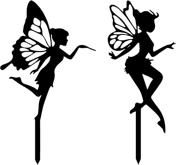 Garden Stake Metal Outdoor Decoration - Fairy With Magic Garden Stakes Outdoor Garden Decor Fairy Art Lawn Garden Silhouette Black Fairy Silhouette Stake for Yards, Gardens Spring Decor - Set of 2