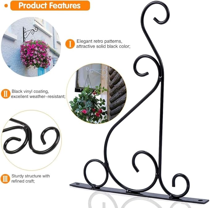 Hanging Plants Bracket, Pack of 2 Black Iron Outdoor Hanging Brackets Wall Hooks for Bird Feeder Lanterns Wind Chimes with Screws