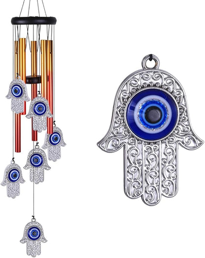Blue Evil Eye Hand of Fatima Wind Chimes Outdoor Decoration, Evil Eye Wind Bells, Hamsa Hand Windcatcher, Fatima's Holy Hand Blue Evil Eye Amulet Wind Chimes for Home,Gift for Mom,Balcony,Patio,Garden
