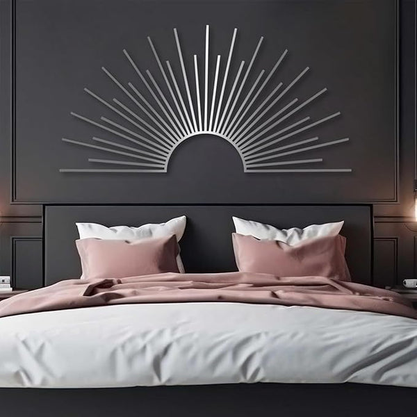 Yemwot Sun Metal Wall Decor, Metal Sun Wall Decor Outdoor, Sunrise Art, Minimalist Line Art, Boho Sign, Living Room, Bedroom or Outdoor Hangings (Silver, 59"x 29"| 150x75cm)