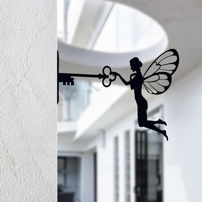 SBOMB Black Iron Art Decorative Metal Crafts, Sitting Fairy Silhouette Garden Statues Outdoor Art Statue for Patio Yard Lawn Tree Wall Deco (Fairy Key)