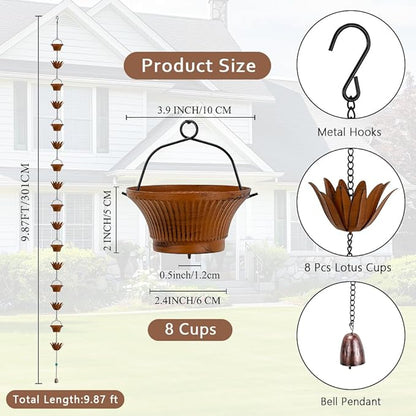 Lotus Rain Chains for Outside, 9.8FT Rain Gutter Chain with 16 Cups, Adjustable Rain Catcher Chain for Eaves Drainage, Replacement for Downspout