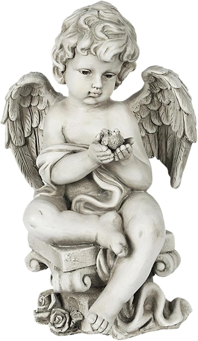 Fenteer Heavenly Statue for Outdoor Lawn Decoration, Angel Holding Bird, 22x34cm