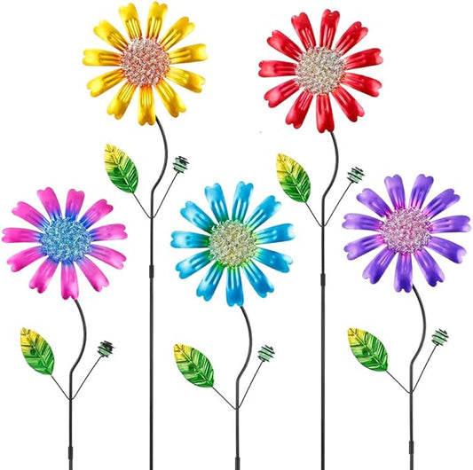 Metal Flower Garden Stakes Yard Art,5 Pcs Colorful Flower Bed Decor Yard Stakes for Outside with Beads for Outdoor Lawn Porch Pathway Patio