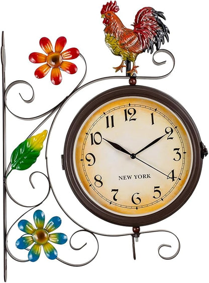 Vintage Indoor Outdoor Clock - Silent Non-Ticking, Double Sided Wall Clock with Rooster Decor Waterproof for Garden, Patio, Yard, Farmhouse, Home Décor (Orange)