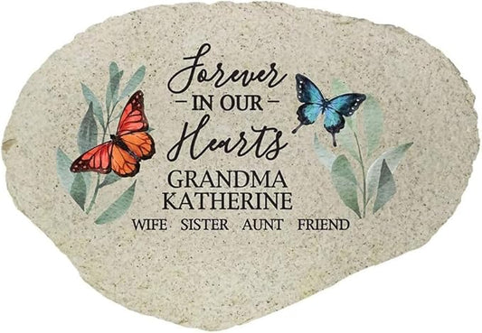 GiftsForYouNow Flowers and Butterflies Forever in Our Hearts Personalized Memorial Garden Stone, Flat UV Resin Stone, Measures 6" W x 4.5" H, UV Printed, Floral Memorial