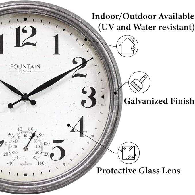 Maison in/Outdoor Clock with Thermometer, 2 in One Weather Station (Weather Thermometer/Wall Decoration) (Galvanized, 13 inch)