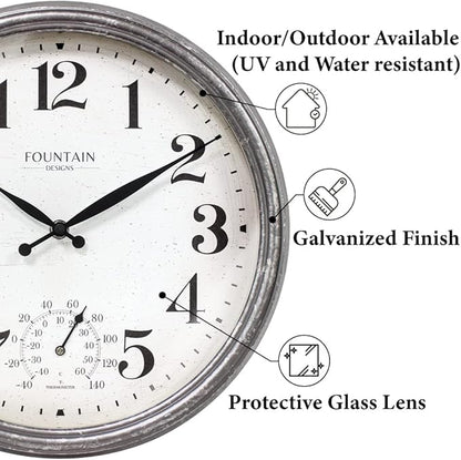 Maison in/Outdoor Clock with Thermometer, 2 in One Weather Station (Weather Thermometer/Wall Decoration) (Galvanized, 13 inch)