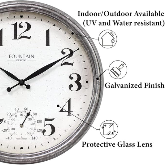 Maison in/Outdoor Clock with Thermometer, 2 in One Weather Station (Weather Thermometer/Wall Decoration) (Galvanized, 13 inch)