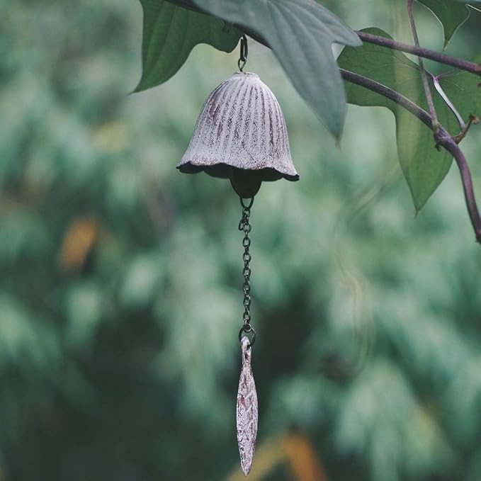 Japanese Traditional Lucky Small Wind Chimes for Outside, Iwachu Cast Iron Bless Temple Wind Bell Memorial and Sympathy Leaf Wind Chimes Outdoor or Indoor for Good Luck Garden, Patio, Balcony