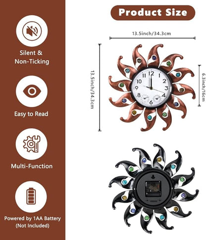 Sun Outdoor Clock Silent Non-Ticking, Outdoor Wall Clock with Thermometer & Humidity Combo Outside Clocks for Patio, Garden, Home Decor