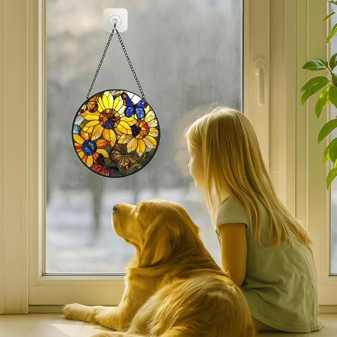 Sunflower and Butterfly Stained Glass Window Hanging Panel – Colorful Floral Suncatcher Wall Art for Home Window Decor and Gift