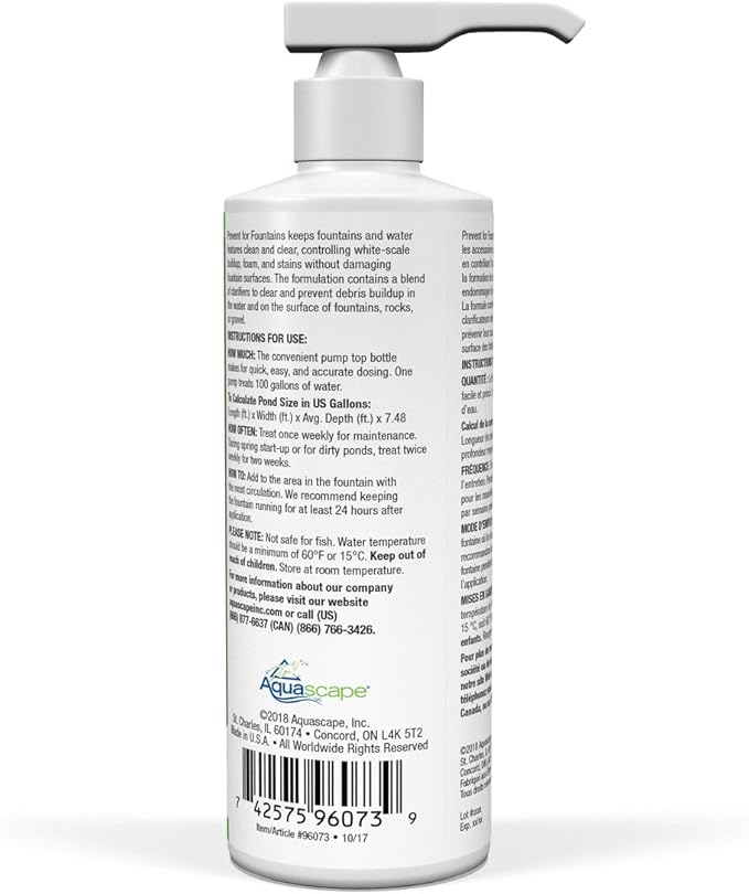 Aquascape PREVENT Water Treatment for Fountains, Waterfalls, Rock and Gravel, Prevent White-scale Buildup, Stains, Foam and Other Unsightly Water Conditions. 8 oounce / 236 ml | 96073