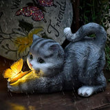 Solar Garden Statue Cat,Garden Figurine Outdoor Decoration with Cat Holding Butterfly for Yard,Patio,Lawn Art Decoration,Housewarming Gift