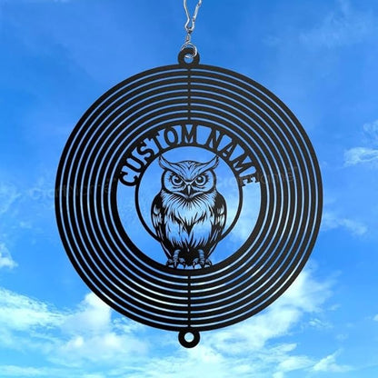 Personalized Owl Metal Wind Spinner, Custom Hanging Ornament for Outdoor Spaces, Kinetic Bird Sculpture, Night Garden Gift (Owl Garden Wind Spinner)