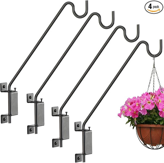 16" 360° Swivel Deck Hook - Heavy Duty Solid Steel Plant Hanger, 12-Directional Adjustable Wall Bracket for Bird Feeders/Pole, Outdoor Plants & Wind Chimes, Lanterns,Upgrade Black (4-Pack)