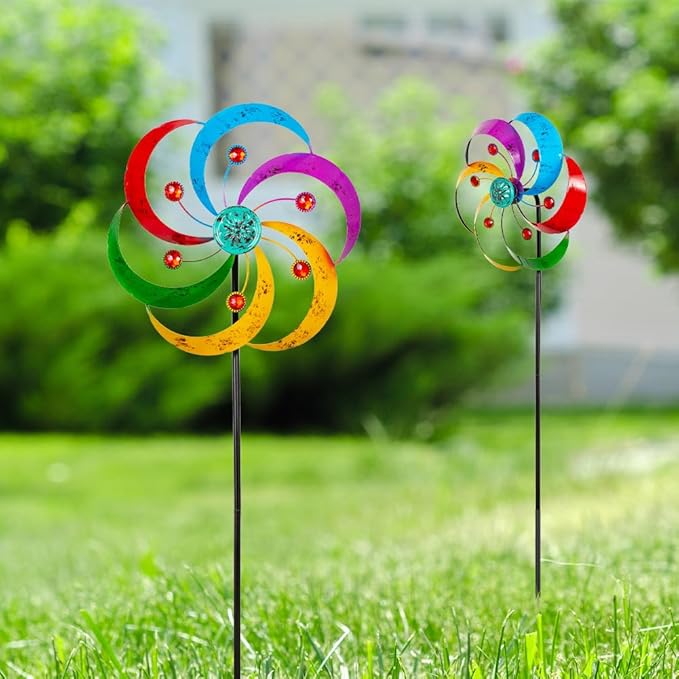 DREAMYSOUL Wind Spinners Outdoor, 10" Dia Metal Pinwheels for Yard and Garden, Kinetic Wind Sculptures & Spinner Outside (Colorful with Ruby)