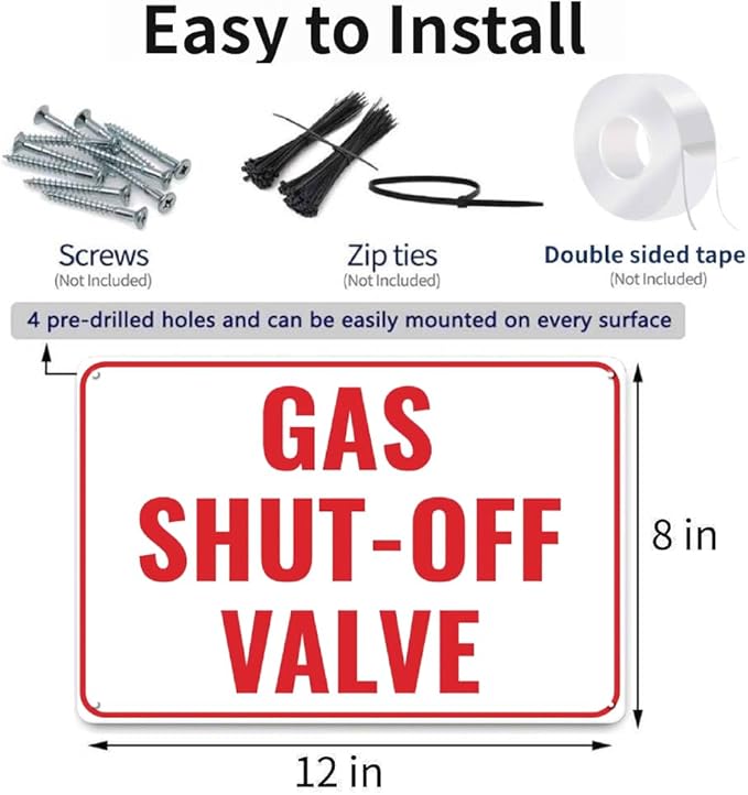 2pcs Gas Shut Off Sign - 12 x 8 inch Metal Aaluminum Emergency Shut-Off Sign for Patio, Outside, Inside, Outdoor, UV Protected & Weatherproof