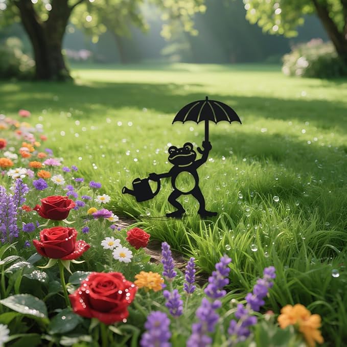 WADORN Watering Frog with Umbrella Decorative Silhouette Garden Stakes, Metal Frog Animals Stakes Statues Ornaments Lovers Gifts Yard Art Black Silhouette Yard Outside Decor, 10.2x14.2 Inch