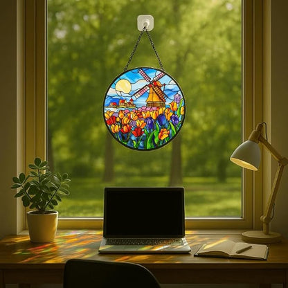 Stained Glass Window Hanging - 11.8in Dutch Windmill and Tulip Flower Sun Catchers Indoor Stained Glass Panels Wall Decor for Mom，Wife，Lovers，Festive