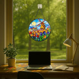 Stained Glass Window Hanging - 7.8in Dutch Windmill and Tulip Flower Sun Catchers Indoor Stained Glass Panels Wall Decor for Mom，Wife，Lovers，Festive