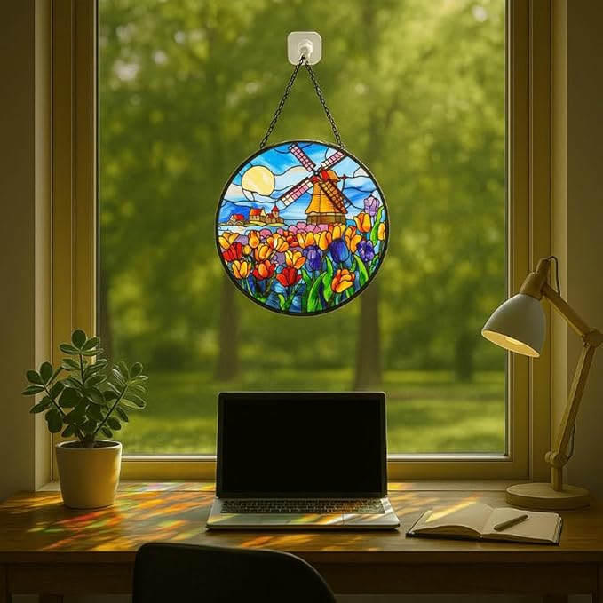 Stained Glass Window Hanging - 9.8in Dutch Windmill and Tulip Flower Sun Catchers Indoor Stained Glass Panels Wall Decor for Mom，Wife，Lovers，Festive