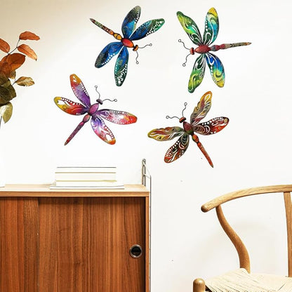 Zmvyw Set of 4 Dragonflies Metal Sign Art Decor,4Pcs Colorful Dragonfly Silhouette Wall Hanging Gifts for Birthday Housewarming,Dragonfly Ornament Decorate for Fence Garden Yard Patio Farmhouse Ranch