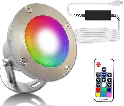 RGB LED Pond Light, 12V Low Voltage Underwater Light, IP68 Waterproof Submersible Light with Remote & Transformer, Stainless Steel Outdoor Light for Pond Fountain Waterfall Pool Garden Landscape