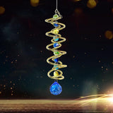 FONMY Gazing Ball Spiral Tail -Decorative Wind Spinner Sun Catcher Rainbow Maker Golden Double-Spiral W/Sea Blue Crystal Ball and Chain Crystals Beads for Indoor Outdoor Garden Decoration -14 inch H